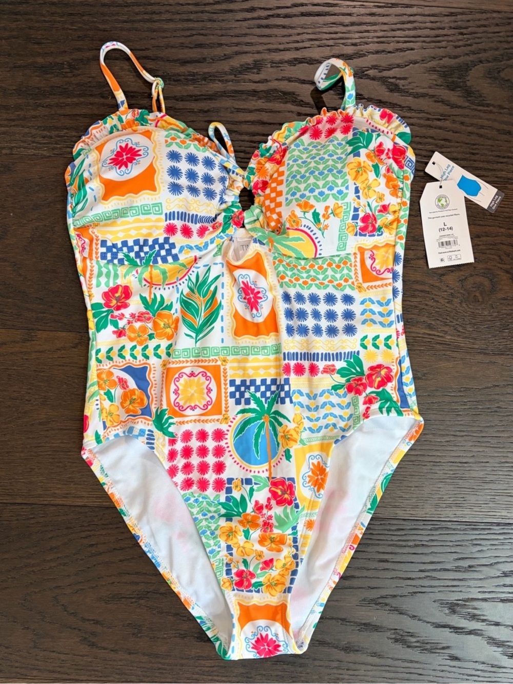 Time and Tru Mediterranean Escape patchwork one-piece swimsuit. Size Large. NWT.